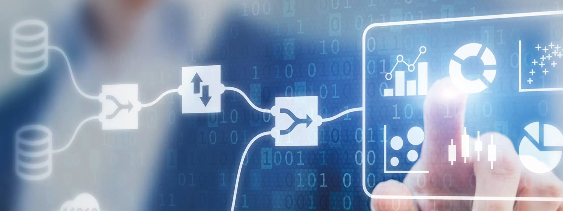 Meneer die naar een dashboard wijst waar verschillende databronnen aangekoppeld zitten