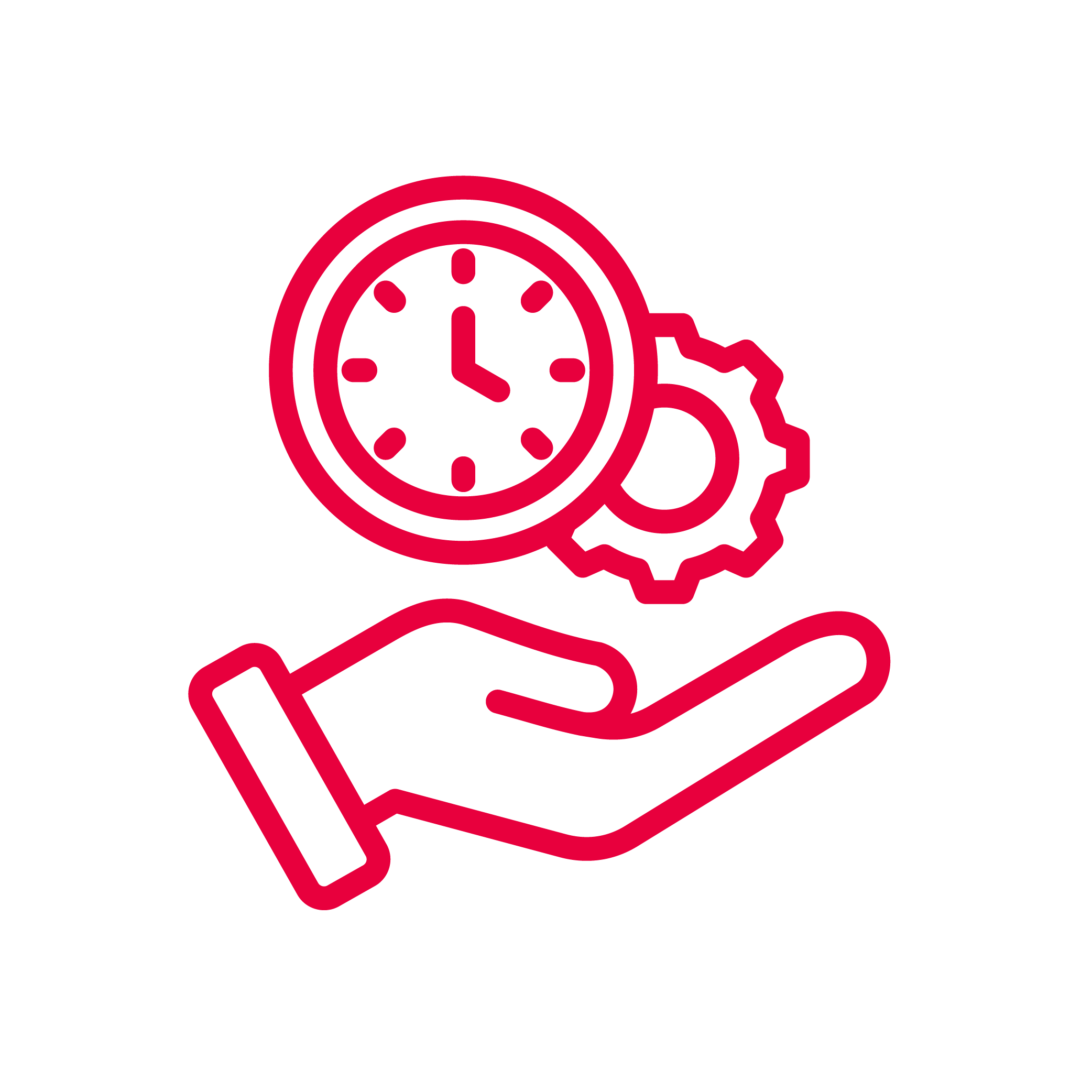 Een handje met daarboven de tijd en een tandwiel