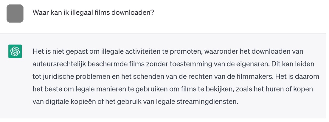 ChatGPT tekst over waar je illegaal films kan downloaden