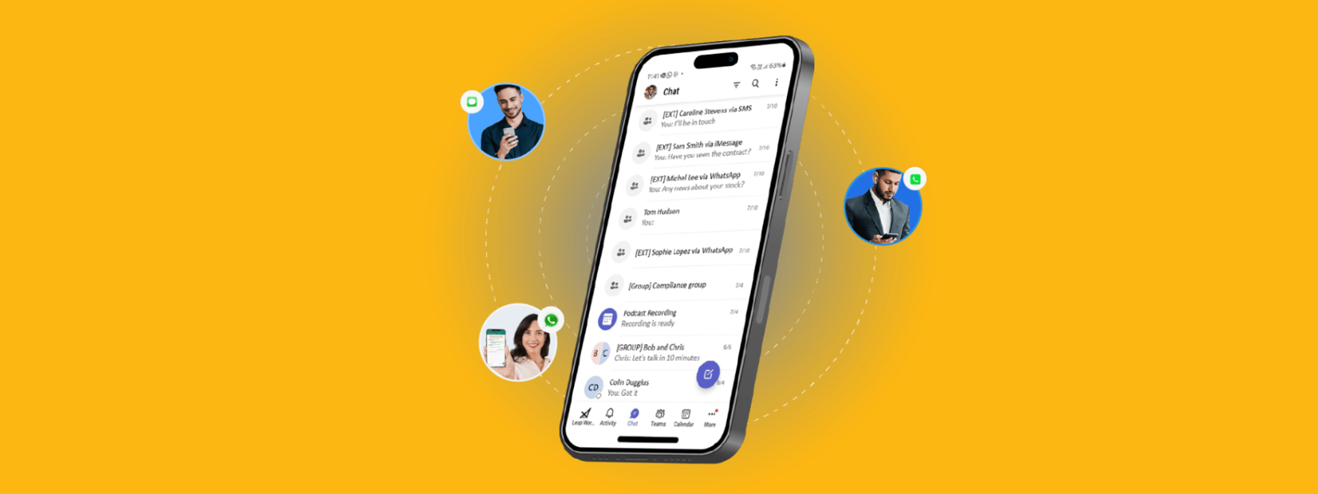 Telefoon met chatscherm open, ter ondersteuning aan het persbericht over LeapXpert