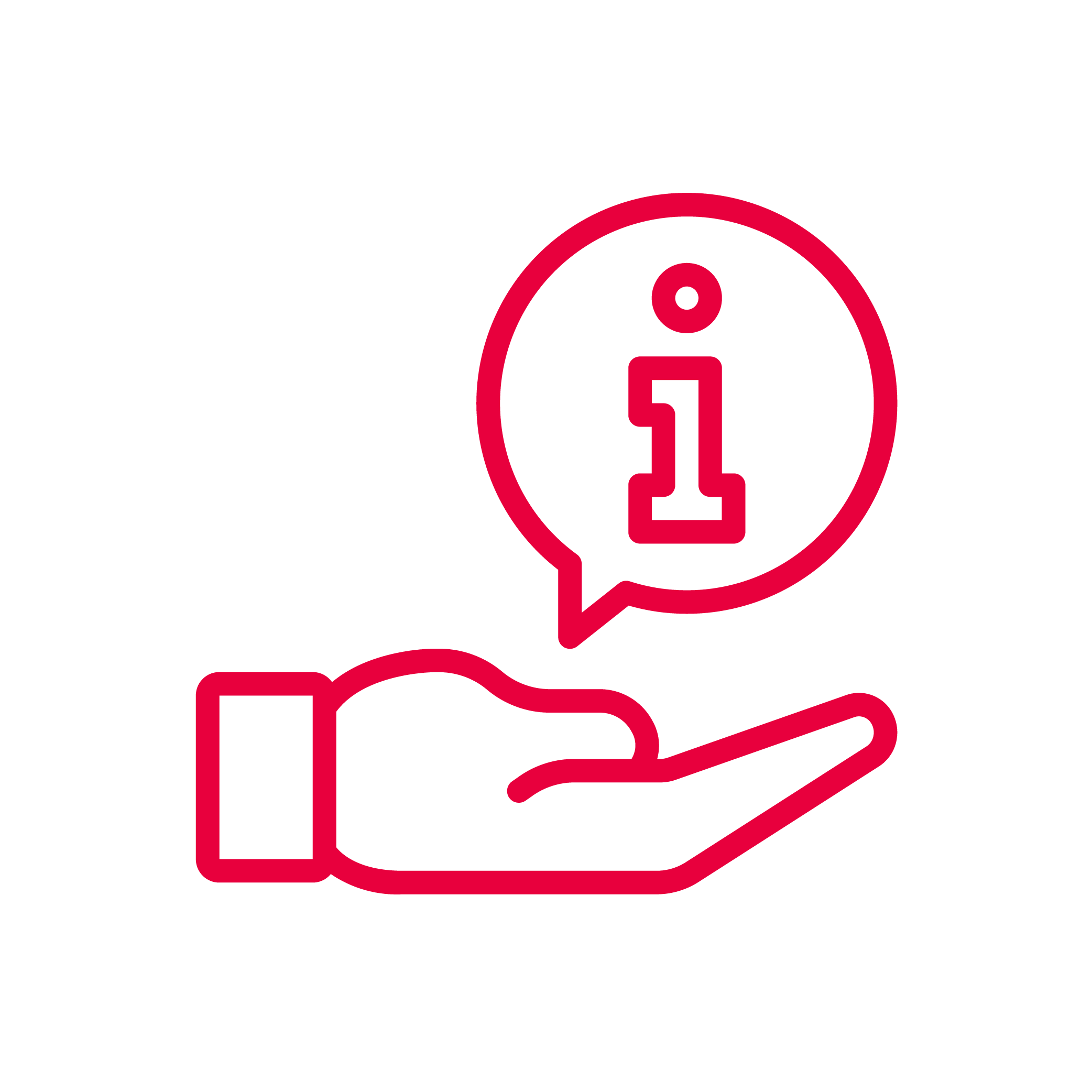 Een handje met daarop een tekstwolkje met informatie erin