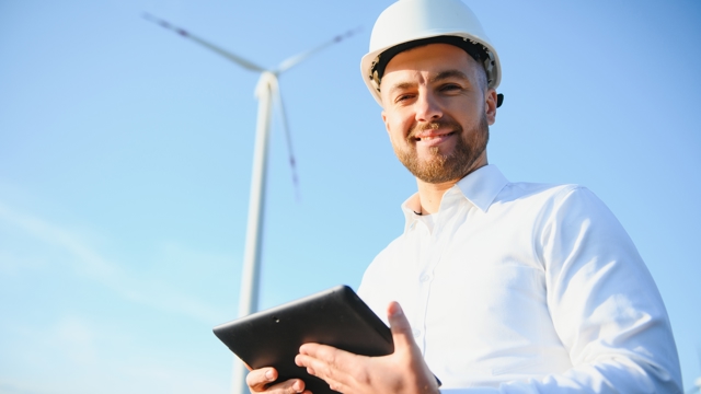 Jonge Ingenieur Bekijkt En Controleert Windturbine