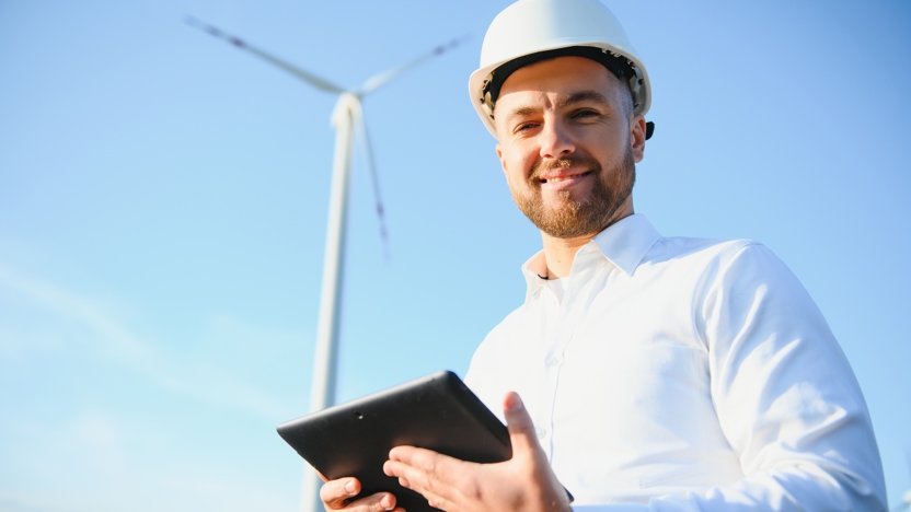 Jonge Ingenieur Bekijkt En Controleert Windturbine