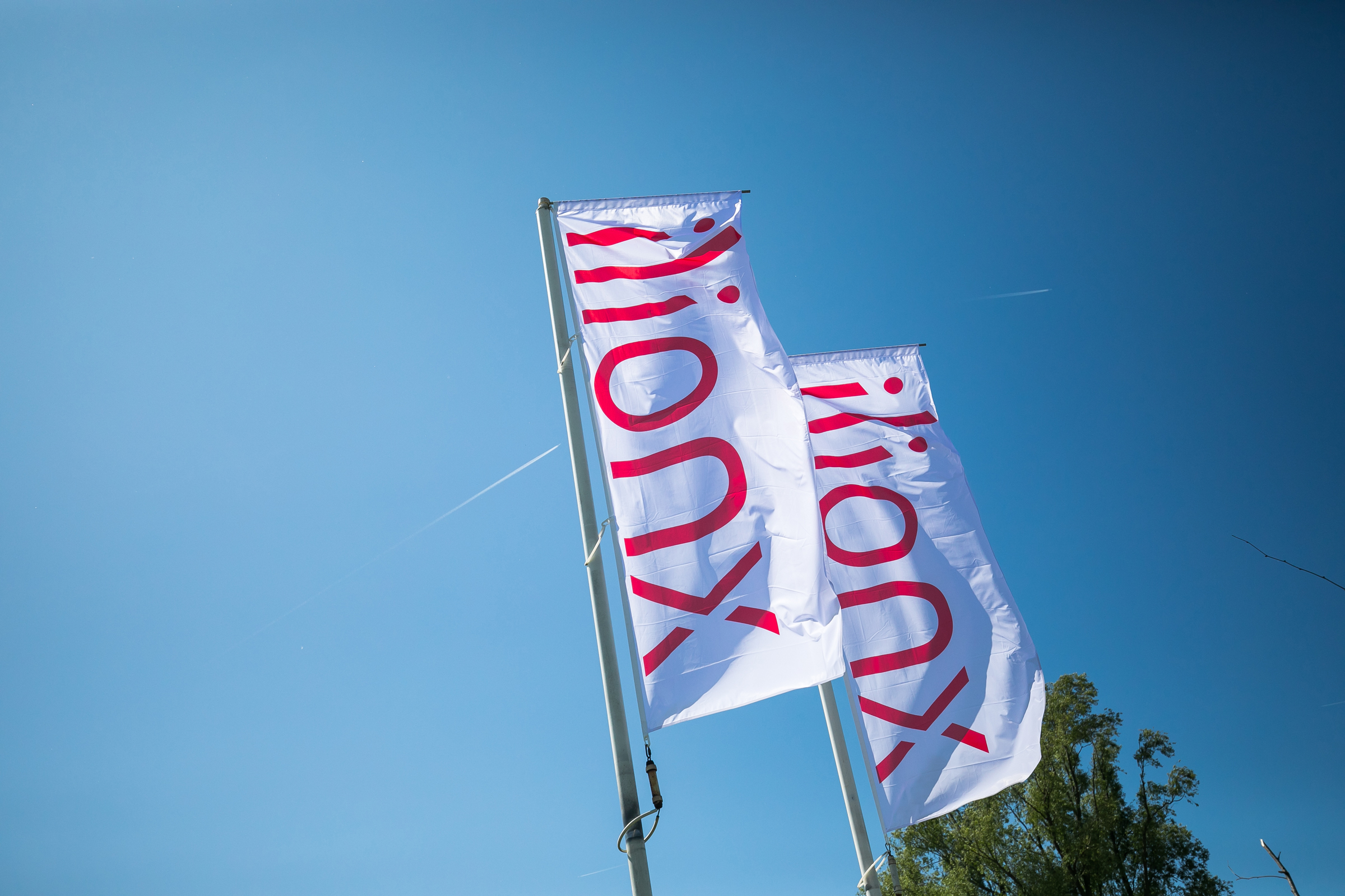 Vlaggen met het ilionx logo tegen een strak blauwe lucht