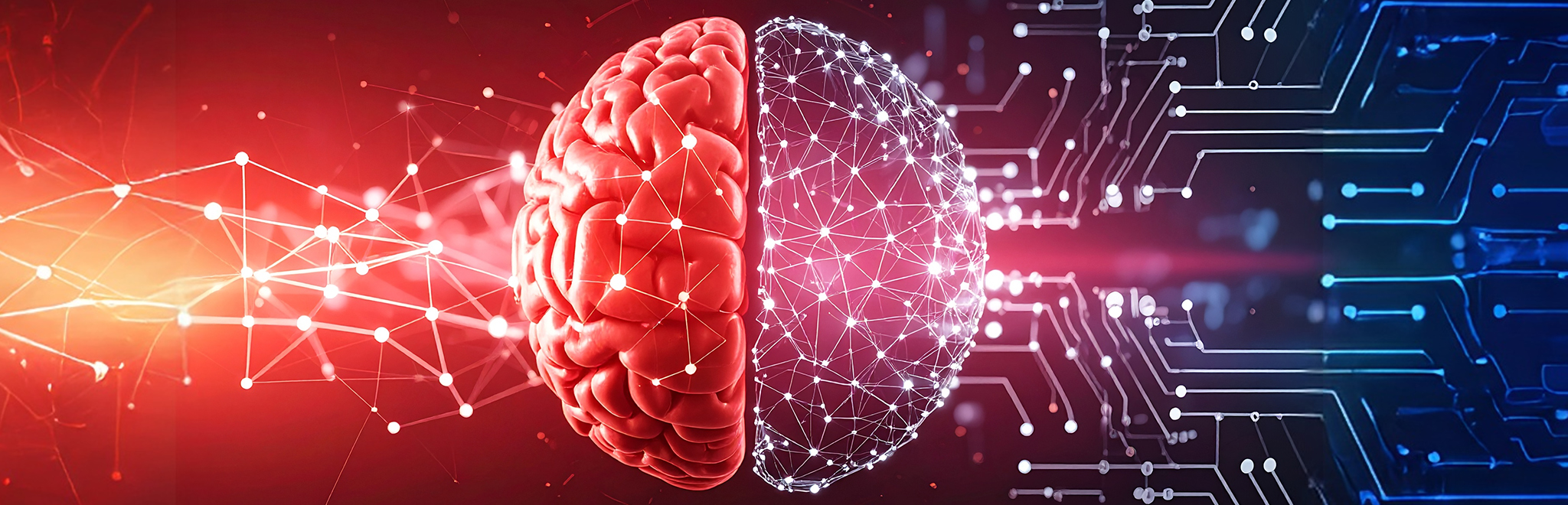 Twee hersenhelften, links is menselijk en rechts bestaat uit nodes - gegenereerd met AI