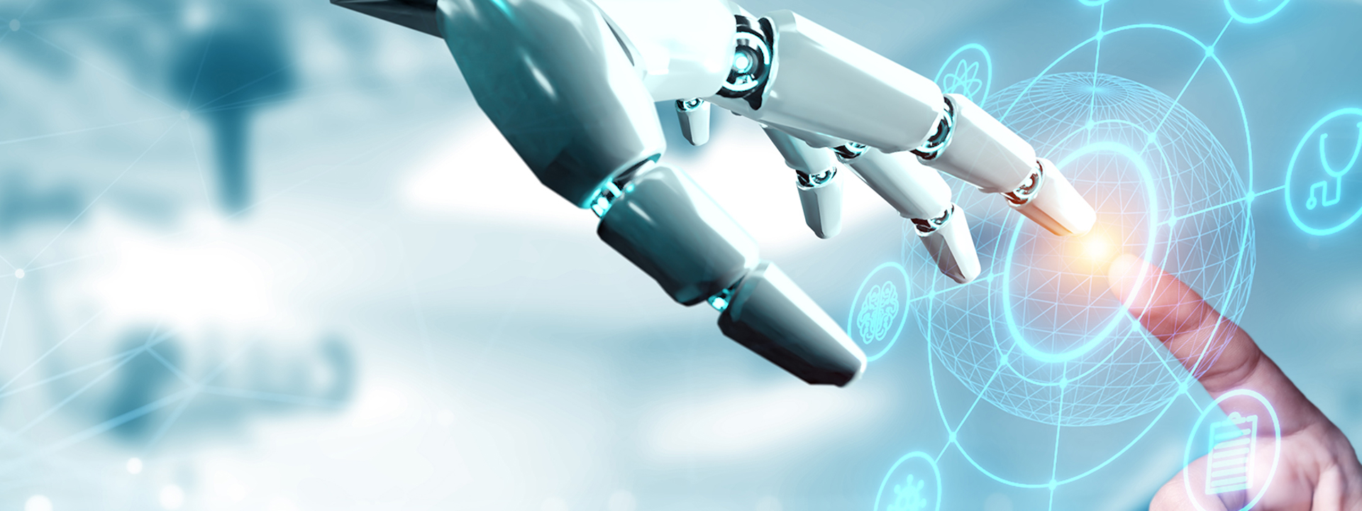 Robothand en mensenhand raken elkaar aan per vinger, ter ondersteuning aan blogreeks over Agentic AI