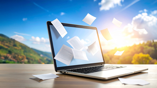 Laptop met A4'tjes die uit het scherm komen vliegen - gegenereerd met AI