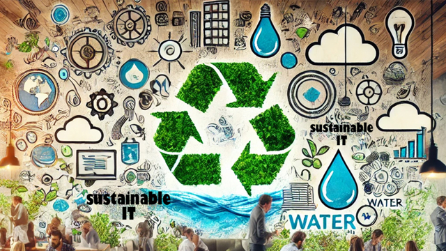 Green Waves Hackathon banner incl. groen recycling teken en de termen 'Water' en 'Sustainable IT'