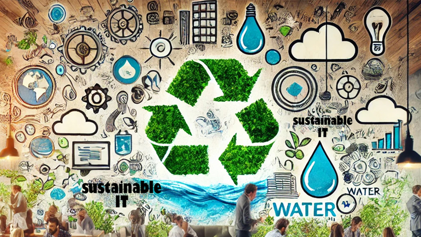 Green Waves Hackathon banner incl. groen recycling teken en de termen 'Water' en 'Sustainable IT'