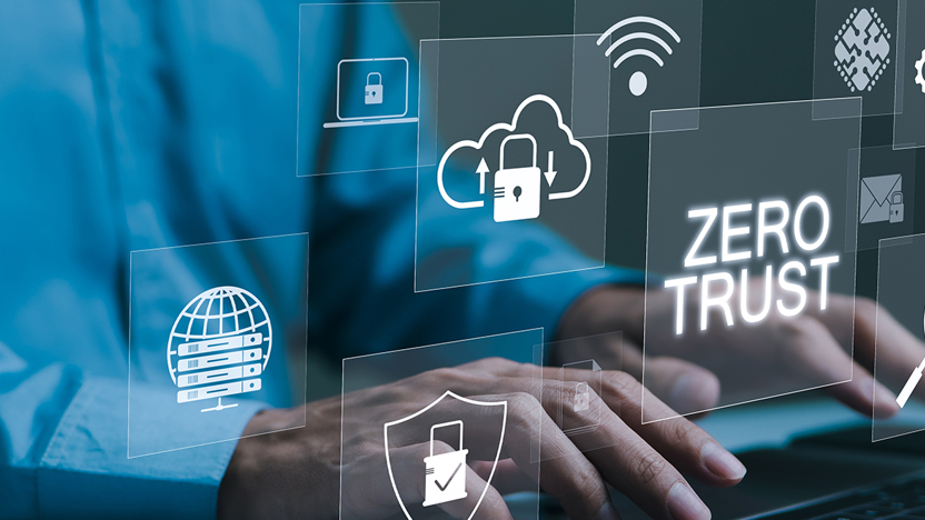 Zero trust banner, met daarin security elementen (netwerkverbindingen, wifi, internet, toegang, cloud)