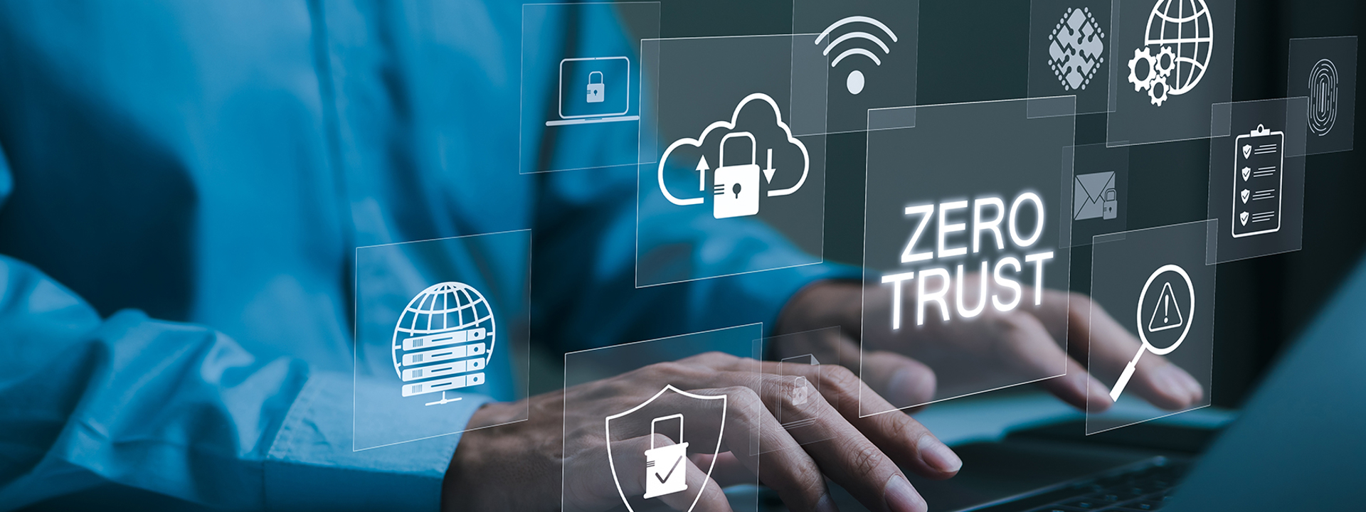 Zero trust banner, met daarin security elementen (netwerkverbindingen, wifi, internet, toegang, cloud)